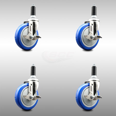 5 Inch 316SS Blue Poly Swivel 1-3/8 Inch Expanding Stem Caster Set Brake SCC